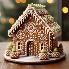 a close up of a gingerbread house on a table