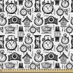 an old fashioned clock pattern in black and white, with the time at twelve o'clock