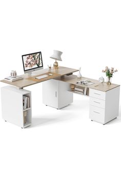 an office desk with a computer monitor and keyboard on it's side, in front of a white background