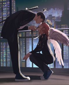 an anime scene with two people kissing in front of a cityscape at night