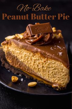 a piece of no bake peanut butter pie on a black plate with chocolate and nuts