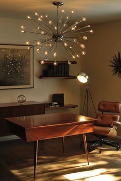 Stylish mid century modern home office with sputnik chandelier desk lamp and Eames chair Retro Futurism Office