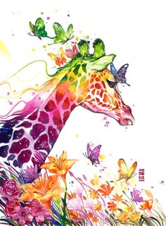 a painting of a giraffe surrounded by flowers and butterflies