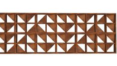 a wooden shelf with several triangles on the top and bottom, against a white background