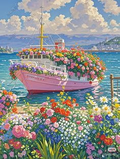 a painting of a boat with flowers on it