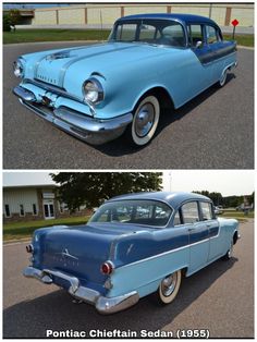 an old blue car parked in a parking lot