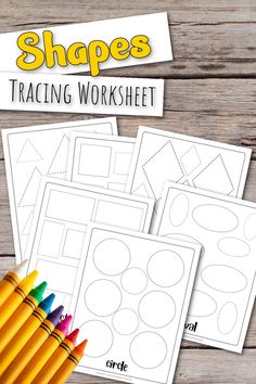 three shapes worksheets with crayons and pencils next to them on a wooden table