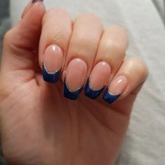 French Nails For Autumn, French Nails With Blue Accent, Blue And Gold Nails French Tip, Blue Formal Nails Acrylic, Sapphire French Tip Nails, Nails Inspiration For School, Formal Blue Nails, French Nails With Blue Tips, Navy Blue Autumn Nails