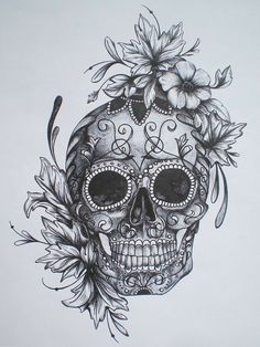 a drawing of a skull with flowers on its head