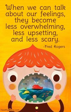 "When we can talk about our feelings, they become less overwhelming, less upsetting, and less scary." Love this quote from Fred Rogers! It's so important to raise kids with emotional intelligence. Counseling Quotes, Therapy Quotes, School Social Work, Counseling Resources, School Psychology, School Counseling, Kids Health, Health Quotes, Coping Skills