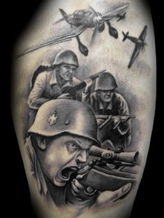 Realistic Soldier Tattoo by Demon Tattoo Hot Rod Tattoo, Soldier Tattoo, Gay Tattoo, Soldier Helmet, Army Tattoos, Devil Tattoo, Demon Tattoo, Military Tattoos, 3d Tattoos