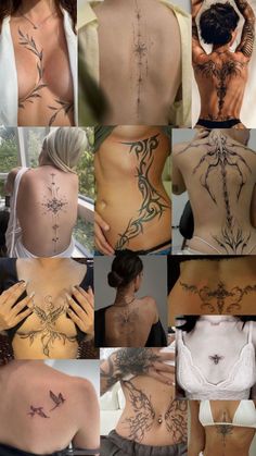 the back of a woman's body with many tattoos on her upper and lower back