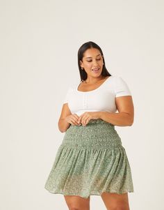 Curve Smocked Waist Floral Skirt Plus Size Bottoms Green 1XL -2020AVE Midi Skirt Outfits Summer, Plus Size Mini Skirt, Comfy Spring Outfits, Summer Mini Skirt, Skirt Outfit Summer, Mini Skirt Summer, Smocked Skirt, Midi Skirt Outfit, Phi Mu