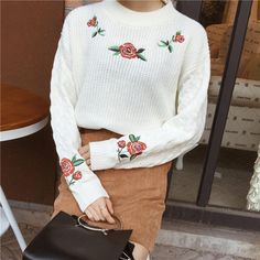 Rose Embroidered Pullover Sweater – Tomscloth 90s Y2k Fashion, Slim Fit Skirts, Coquette Grunge, Dark Academia Fashion, Academia Fashion, Baby Tees Y2k, Outfits Y2k, Y2k Baby Tee, Suspender Dress