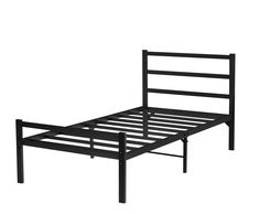 a black metal bed frame with no headboard and foot board is shown in front of a white background