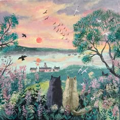 two cats are sitting in the grass near some trees and flowers, with birds flying overhead