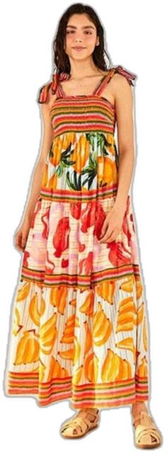 White Fruit Print Dress For The Beach, Multicolor Fruit Print Dress For Brunch, White Fruit Print Dress For Beach, White Beach Dress With Fruit Print, Summer Style Orange Midi Dress For Vacation, Orange Summer Midi Dress For Brunch, Orange Summer Midi Dress For Vacation, Orange Sundress Midi Dress For Vacation, Vibrant Orange Midi Dress For Beach