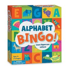 an alphabet game with letters and numbers on the front, in a colorful box that says'alphabet bingo '