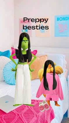 two cartoon characters are standing on a bed with pink and blue pillows in the background