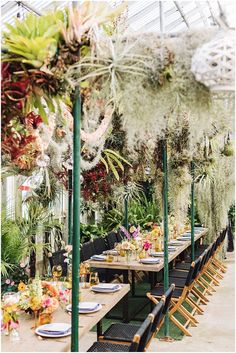 an outdoor dining area with tables, chairs and hanging plants on the ceiling is filled with greenery