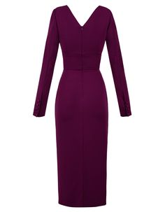 GRAPE PURPLEOffice & Cocktail Dress V- neckline Regular fit design Frontal drapery Midi length Fit for any type of bra / no bra Long sleeves Concealed back zip Standard length: 75 cm Available colors: Blue, Red, Black, Purple, Green Fabric Composition: 98%PES 2% elastane Lining: 100% synthetic silk (95%polyamide 5%elastane) Texture: Medium density fabric Feel on skin: Soft Breathable fabric:Yes Durability: it can undergo many washes if taken care of properly, as mentioned on the tag Model measur