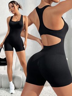 Cut Out Backless Sports Romper Black   Sleeveless Knitted Fabric Plain Jumpsuit High Stretch,Medium Stretch All Women Activewear, size features are:Bust: ,Length: ,Sleeve Length: Yoga Bodysuit, Plain Jumpsuits, Plus Size Workout, Casual Suit, Shirt And Pants, Womens Activewear, Black Sleeveless