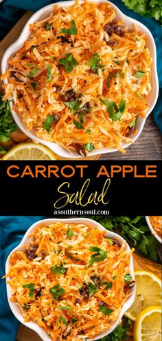 carrot apple salad in a white bowl with lemons and parsley on the side