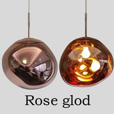 two pendant lights with the words rose glod on them in black and white