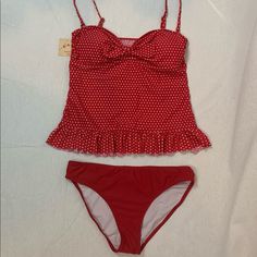 Marine West Red And White Polka Dot Tankini. Size Large Nwt Lovely Bow Front With Ruffles Hem. Cute Tankini Bathing Suits, Magical Closet, Conan Obrien, Tankini Aesthetic, Peony Swimwear, White Tankini, June Gloom, Swimsuit High Waisted, Swimsuit Inspo