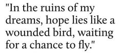 a quote that says in the ruins of my dreams, hope lies like a wounded bird waiting for a chance to fly