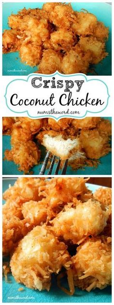 crispy coconut chicken on a blue plate with a fork in it and the words, crispy coconut chicken