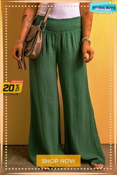 Green Smocked Waist Crinkled Wide Leg Pants Leg Pants, Wide Leg Pants, Wide Leg, Pants, Green, Trousers