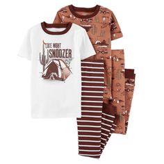 Carter’s Boys Desert Camping Dog Stripe Shirt And Pants Pajamas Four Piece Set White Short Sleeve Top Featuring A Dog Snoozing In His Tent In The Desert Among The Cacti And The Moon Looking On In Dark Brown, White, Gray, And Green, With White And Dark Brown Striped Pants And Dark Brown Trim, Matching Reddish Brown Short Sleeve Top And Pants Featuring All Over Print Of Cacti, Turtles, Tents With Campfires, Hyenas, Birds, And A Keep Carrying A Kayak Against The Rocks And Sun In Dark Brown, Green, Camping Pajamas, Cotton Pjs, Carter Kids, Dog Camping, Pajama Outfits, White Short Sleeve Tops, Cotton Pajamas, Free Jeans, Boys Pajamas