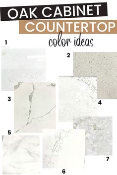 an image of marble countertops with the words oak cabinet counter top color ideas on it