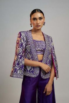 Blazer Blouse Saree, Traditional Coord Sets, Blazer Coord Set, Gopi Vaid, Shawl Jacket, Jacket Blouse, Cord Set