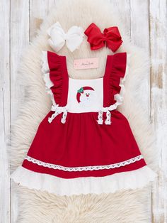 Celebrate the holidays in style with this Christmas Red Embroidered Santa Lace Ruffle Dress. Featuring an embroidered Santa and lace ruffle trim, this sister set is perfect for little girls to rock during the festive season. The red bodice adds a pop of color to complete the look. Fits true to size. 97% Cotton / 3% Spandex Accessories sold separately. Suggest 5 inch bow color: #1 & #37 Import. *Afterpay and Sezzle Purchase Requires $35 Minimum Order. Lace Ruffle Dress, Xxxl Dress, Toddler Christmas, Dresses Xxl, Embroidered Clothes, Christmas Red, Lace Ruffle, Christmas Dress, Christmas Girl