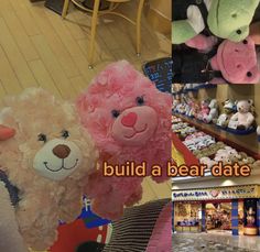 stuffed animals and toys are on display in a store with the words build a bear date