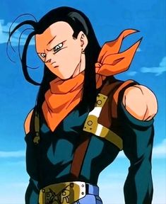 an anime character with long black hair and orange scarf on his shoulders, standing in front of a blue sky