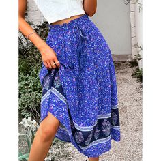 Blue Bohemia Print Lace-up Boho Skirt Blue Floral Print Long Skirt, Bohemian Blue Maxi Skirt For Beach, Casual Ankle-length Beach Skirt, Blue Bohemian Bottoms With Boho Print, Blue Boho Print Hippie Bottoms, Bohemian Blue Bottoms With Boho Print, Blue Hippie Bottoms With Boho Print, Blue Floral Print Maxi Skirt For The Beach, Hippie Blue Bottoms With Boho Print