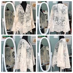 four pictures of white lace on a mannequin