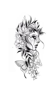 a woman's face with flowers and butterflies on her head, in black and white