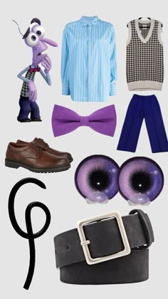 an assortment of clothing and accessories including shoes, sweaters, belt, eyeglasses