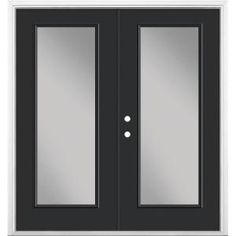 a black double door with frosted glass and two sidelights on the top half