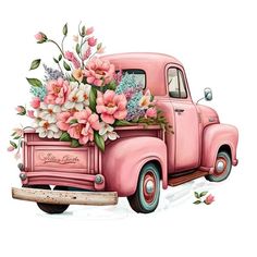 an old pink truck with flowers in the bed is painted on a white background,