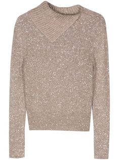 taupe ribbed knit sequin embellishment ribbed trim asymmetric neck long sleeves straight hem Elegant Sequined Sweater For Fall, Elegant Sequin Sweater, Sequined Sweater For Winter, Winter Evening Knit Top, Fitted Spring Sweater With Sequins, Spring Fitted Sweater With Sequins, Fitted Glamorous Winter Sweater, Glamorous Fitted Sweater For Winter, Fall Sweater With Sequins