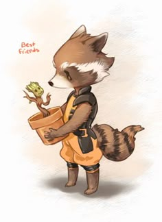 a drawing of a raccoon holding a potted plant with the caption best friends