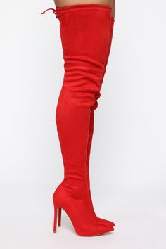 Available In Black, Burgundy, Denim, Taupe And Red Thigh High Boot Pointed Toe Inner Side Zipper Back Tie Faux Suede Upper, Man Made Sole 4 1/2 Inch Heel Imported | Vicky Over The Knee Boot in Red size 9 by Fashion Nova Chocolate Fashion, Red High Heels, Leather Heeled Boots, Faux Leather Heels, Black Heel Boots, Knee Boot, Red Boots, Sneaker Heels, Boots For Sale