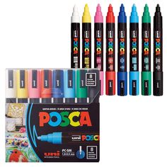 12 assorted poca pens in display box with 6 different colors and 1 black marker