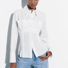 Bought In Store During Sale. New With Tags Corset Style Poplin Shirt S White Ref. 4437/059 Long Sleeve Poplin Tops For Summer, Elegant Poplin Tops For Office, Elegant Poplin Tops For The Office, White Long Sleeve Poplin Tops, Spring Collared Poplin Top, Elegant Long Sleeve Poplin Top, Elegant Button-up Poplin Blouse, Collared Poplin Tops, Formal Poplin Blouse For Spring