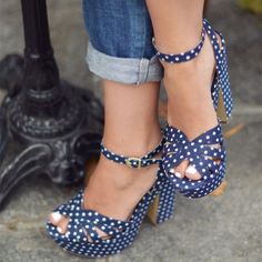 Navy and White Ankle Strap Sandals Polka Dots Chunky Heel Sandals image 1 Mode Rockabilly, Polka Dot Flats, Rockabilly Fashion, Platform High Heels, Fashion Heels, Fabulous Shoes, Fall Shoes, Crazy Shoes, Pretty Shoes